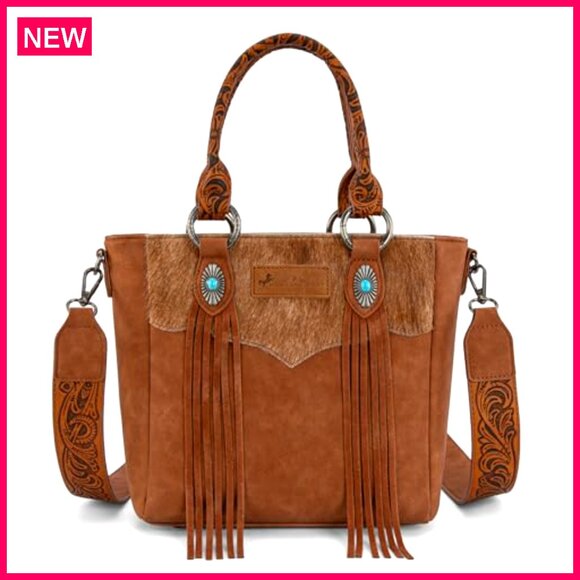 Western Crossbody Bag with Tassel Top Handle, Vegan Leather, Adjustable Strap - Picture 2 of 8